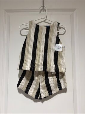 Striped Crochet 2-Piece Tank + Shorts Set in Black and Cream